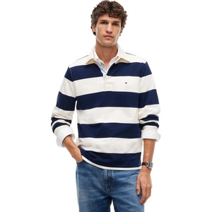 Tommy Hilfiger Men’s Long Sleeve Casual Cotton Striped Rugby Polo(Ivory Petal/ Carbon Navy)