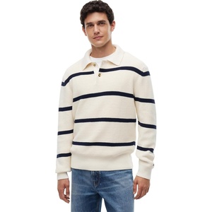Tommy Hilfiger Men’s Long Sleeve Casual Cotton Waffled Rugby Polo Shirt(Ivory Petal/ Carbon Navy)