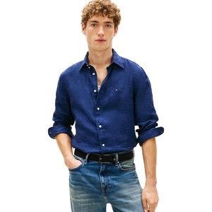 Tommy Hilfiger Men’s Long Sleeve Casual Linen Button Down Shirts in Regular Fit(Carbon Navy)