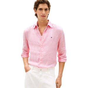 Tommy Hilfiger Men’s Long Sleeve Casual Linen Button Down Shirts in Regular Fit(Classic Pink / White Stripe)