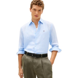 Tommy Hilfiger Men’s Long Sleeve Casual Linen Button Down Shirts in Regular Fit(Cloudy Blue / Stripe)