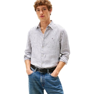 Tommy Hilfiger Men’s Long Sleeve Casual Linen Button Down Shirts in Regular Fit(Desert Sky / Stripe)