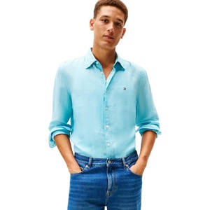 Tommy Hilfiger Men’s Long Sleeve Casual Linen Button Down Shirts in Regular Fit(Dewy Blue)
