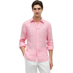 Tommy Hilfiger Men’s Long Sleeve Casual Linen Button Down Shirts in Regular Fit(Doll Pink / Stripe)