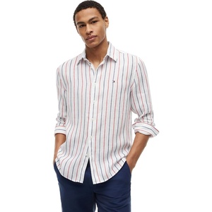 Tommy Hilfiger Men’s Long Sleeve Casual Linen Button Down Shirts in Regular Fit(Medium Red / Stripe)