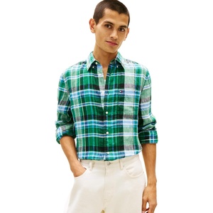 Tommy Hilfiger Men’s Long Sleeve Casual Linen Button Down Shirts in Regular Fit(Nouveau Green / Check)