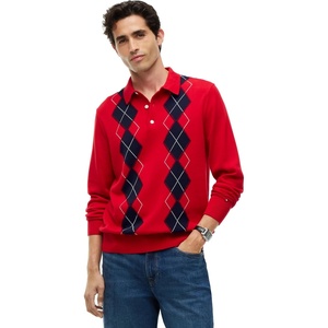 Tommy Hilfiger Men’s Long Sleeve Cotton Argyle Polo Sweater(Medium Red)