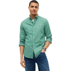 Tommy Hilfiger Men’s Long Sleeve Poplin Shirts in Regular Fit, Men’s Button Down Shirts, Also Available in Big and Tall(Alaskan Green / Stripe)