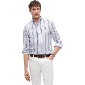 Tommy Hilfiger Men’s Long Sleeve Poplin Shirts in Regular Fit, Men’s Button Down Shirts, Also Available in Big and Tall(Doll Pink/Multi Stripe)