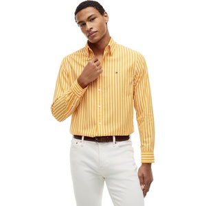 Tommy Hilfiger Men’s Long Sleeve Poplin Shirts in Regular Fit, Men’s Button Down Shirts, Also Available in Big and Tall(Orange Flash / Stripe)