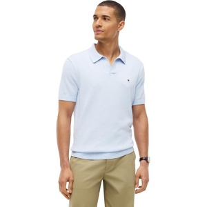 Tommy Hilfiger Men’s Short Sleeve Casual Cotton V-Neck Polo Shirt(Sky Blue Heather)