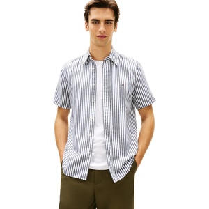 Tommy Hilfiger Men’s Short Sleeve Casual Linen Button Down Shirts in Regular Fit(Carbon Navy / Stripe)