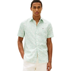 Tommy Hilfiger Men’s Short Sleeve Casual Linen Button Down Shirts in Regular Fit(Crushed Mint / Allover)