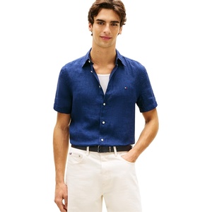 Tommy Hilfiger Men’s Short Sleeve Casual Linen Button Down Shirts in Regular Fit(Hilfiger Navy)