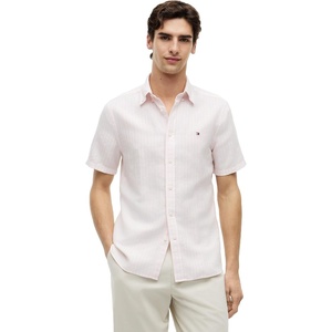 Tommy Hilfiger Men’s Short Sleeve Casual Linen Button Down Shirts in Regular Fit(Pink Lily / Stripe)