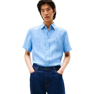 Tommy Hilfiger Men’s Short Sleeve Casual Linen Button Down Shirts in Regular Fit(Vessel Blue)
