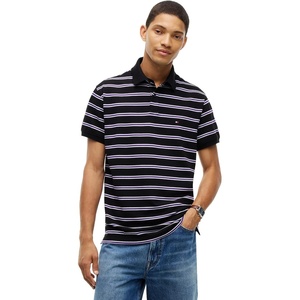 Tommy Hilfiger Men’s Short Sleeve Polo Shirts in Classic Fit with Stretch and Organic Pique Cotton(Black / White / Tuscan Grape)