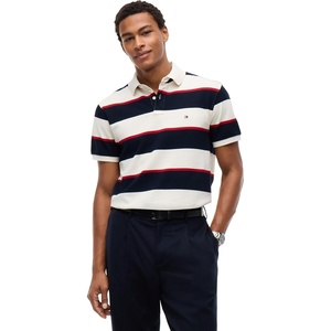 Tommy Hilfiger Men’s Short Sleeve Polo Shirts in Classic Fit with Stretch and Organic Pique Cotton(Ivory Petal / Navy Blue)