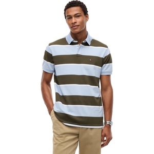 Tommy Hilfiger Men’s Short Sleeve Polo Shirts in Classic Fit with Stretch and Organic Pique Cotton(Sky Blue / Huntsman Green)