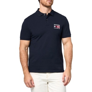 Tommy Hilfiger Men’s Short Sleeve Polo Shirts in Regular Fit With Stretch and Organic Pique Cotton(Desert Sky / Flag Embroidered)