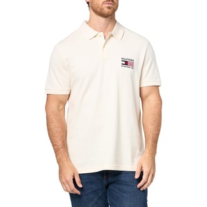 Tommy Hilfiger Men’s Short Sleeve Polo Shirts in Regular Fit With Stretch and Organic Pique Cotton(Ivory Petal / Flag Embroidered)