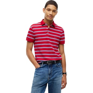 Tommy Hilfiger Men’s Short Sleeve Polo Shirts in Slim Fit with Stretch and Organic Pique Cotton(Medium Red / White / Ancient Blue)