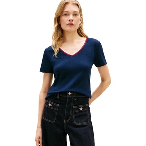 Tommy Hilfiger Women’s Basic Short Sleeve Cotton V-Neck T-Shirt(Dark Night Navy/Rwb)