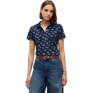 Tommy Hilfiger Women’s Cotton Pique Short Sleeve Polo Shirt in Classic Fit with Stretch(Traditional Floral Dark Blue)