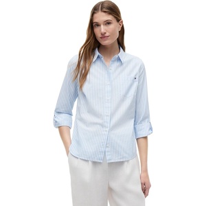 Tommy Hilfiger Women’s Cotton Poplin Long Sleeve Button Down Shirt in Regular Fit with Roll Up Sleeve(Banker Stripe White/Vessel Blue)