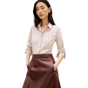 Tommy Hilfiger Women’s Cotton Poplin Long Sleeve Button Down Shirt in Regular Fit with Roll Up Sleeve(Beige / White Stripe)