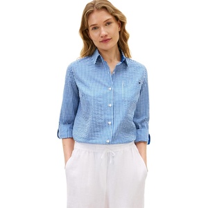 Tommy Hilfiger Women’s Cotton Poplin Long Sleeve Button Down Shirt in Regular Fit with Roll Up Sleeve(Blue Orbit / Ecru Gingham)