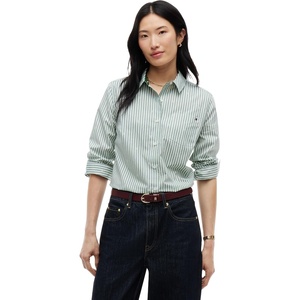 Tommy Hilfiger Women’s Cotton Poplin Long Sleeve Button Down Shirt in Regular Fit with Roll Up Sleeve(Broadway Flag Print Ecru / Evergreen)