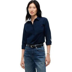 Tommy Hilfiger Women’s Cotton Poplin Long Sleeve Button Down Shirt in Regular Fit with Roll Up Sleeve(Dark Night Navy)
