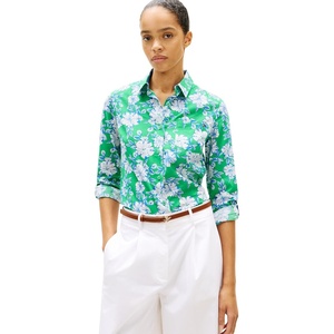 Tommy Hilfiger Women’s Cotton Poplin Long Sleeve Button Down Shirt in Regular Fit with Roll Up Sleeve(Dense Hibiscus/ Jade Wink)