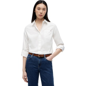 Tommy Hilfiger Women’s Cotton Poplin Long Sleeve Button Down Shirt in Regular Fit with Roll Up Sleeve(Ecru)