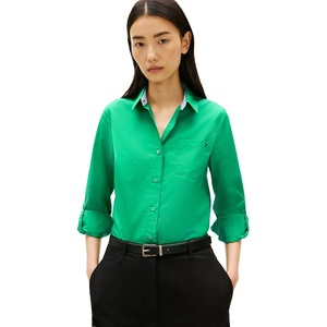 Tommy Hilfiger Women’s Cotton Poplin Long Sleeve Button Down Shirt in Regular Fit with Roll Up Sleeve(Jade Wink)