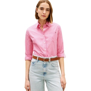 Tommy Hilfiger Women’s Cotton Poplin Long Sleeve Button Down Shirt in Regular Fit with Roll Up Sleeve(Pink Perfection / Ecru Gingham)