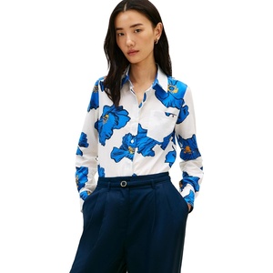 Tommy Hilfiger Women’s Cotton Poplin Long Sleeve Button Down Shirt in Regular Fit with Roll Up Sleeve(Pop Art Floral Ecru)