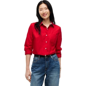 Tommy Hilfiger Women’s Cotton Poplin Long Sleeve Button Down Shirt in Regular Fit with Roll Up Sleeve(Primary Red)