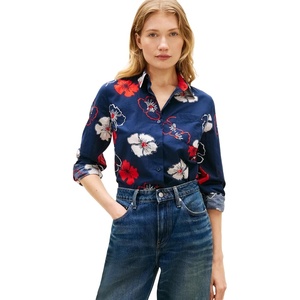 Tommy Hilfiger Women’s Cotton Poplin Long Sleeve Button Down Shirt in Regular Fit with Roll Up Sleeve(Solid Poppy Dark Night Navy)