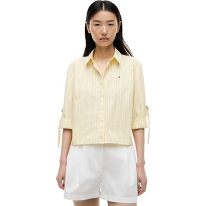 Tommy Hilfiger Women’s Cotton Poplin Long Sleeve Cropped Button Down Shirt in Regular Fit with Roll Up Sleeve(Banker Stripe White/Citronella)