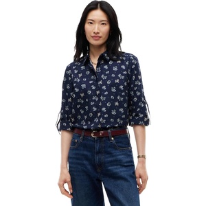 Tommy Hilfiger Women’s Cotton Poplin Long Sleeve Cropped Button Down Shirt in Regular Fit with Roll Up Sleeve(Traditional Floral Dark Blue)