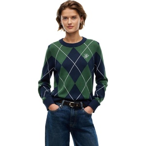 Tommy Hilfiger Women’s Long Sleeve Cotton Tartan Argyle Sweater Pullover(Argyle Deep Evergreen Dark Blue)