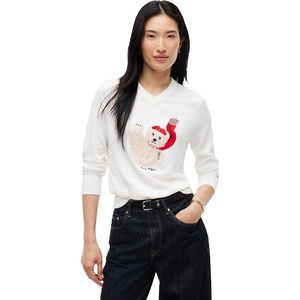 Tommy Hilfiger Women’s Long Sleeve Cotton V-Neck Graphic Sweater Pullover(Ecru Falling Bear)