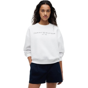 Tommy Hilfiger Women’s Medium Weight Crew Neck Sweatshirt Pullover With Logo(Optic White)
