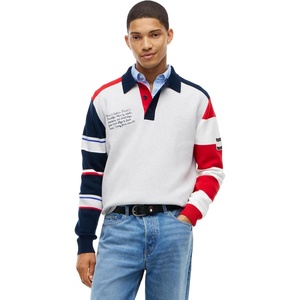 Tommy Jeans Men’s Long Sleeve Cotton Knit Rugby Polo Shirt in Regular Fit(Ice Grey Heather Multi)