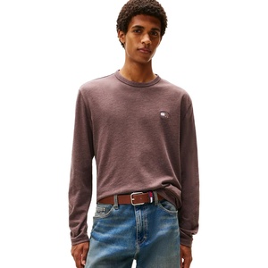 Tommy Jeans Men’s Long Sleeve Solid Cotton Graphic T-Shirts(Black Walnut Heather)