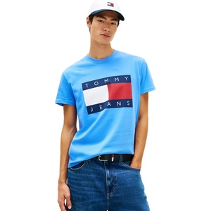 Tommy Jeans Men’s Short Sleeve Cotton Graphic T-Shirts with Big Flag Logo Design(Blue Twilight)