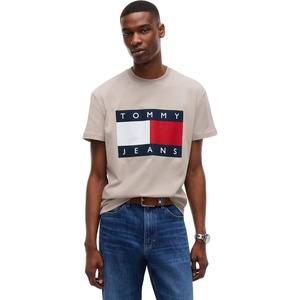Tommy Jeans Men’s Short Sleeve Cotton Graphic T-Shirts with Big Flag Logo Design(Limestone Dust)