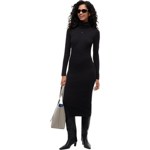 Tommy Jeans Women’s Casual Cotton Turtleneck Bodycon Midi Dress with Stretch(Black)